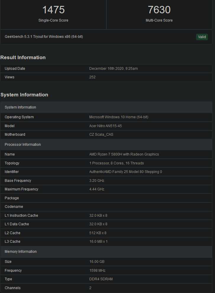 Screenshot 2020 12 16 Acer Nitro AN515 45 Geekbench Browser 9
