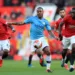 MANCHESTER, ENGLAND - MARCH 08: Fred of Manchester United and Aaron Wan-Bissaka of Manchester United battles for possession with Raheem Sterling of Manchester City  during the Premier League match between Manchester United and Manchester City at Old Trafford on March 08, 2020 in Manchester, United Kingdom. (Photo by Matt McNulty - Manchester City/Manchester City FC via Getty Images)