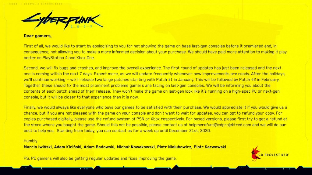 cyberpunk 2077 console refund cdpr CD PROJEKT RED apologizes for the horrible performance of the game on last-gen consoles