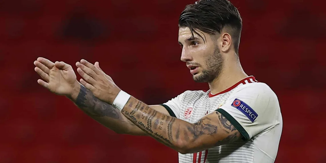 BUDAPEST, HUNGARY - SEPTEMBER 6: Dominik Szoboszlai of Hungary reacts during the UEFA Nations League group stage match between Hungary and Russia at Puskas Arena on September 6, 2020 in Budapest, Hungary. (Photo by Laszlo Szirtesi/Getty Images)