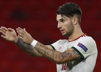 BUDAPEST, HUNGARY - SEPTEMBER 6: Dominik Szoboszlai of Hungary reacts during the UEFA Nations League group stage match between Hungary and Russia at Puskas Arena on September 6, 2020 in Budapest, Hungary. (Photo by Laszlo Szirtesi/Getty Images)