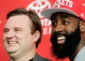 James Harden and Daryl Morey smile for the cameras.