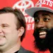 James Harden and Daryl Morey smile for the cameras.