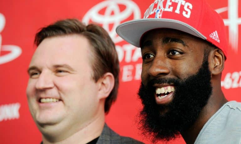 James Harden and Daryl Morey smile for the cameras.