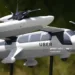 A model of Uber's electric vertical take-off  and  landing vehicle concept (eVTOL) flying taxi is displayed at the second annual Uber Elevate Summit, on May 8, 2018 at the Skirball Center in Los Angeles, California. - Uber introduced it's electric powered "flying taxi" vertical take-off and landing concept aircraft at the event, which showcases prototypes for UberAir's fleet of airborne taxis. (Photo by Robyn Beck / AFP)        (Photo credit should read ROBYN BECK/AFP via Getty Images)