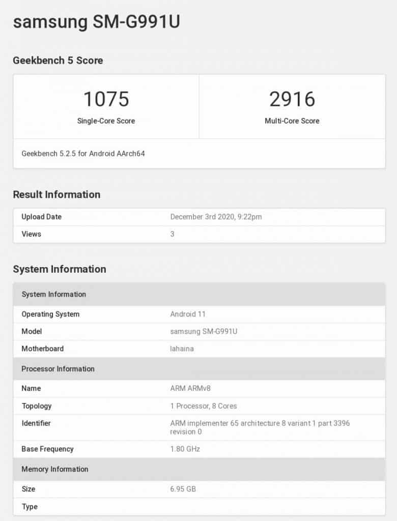 gsmarena 001 1 Samsung Galaxy S21 appeared on the GeekBench website with Snapdragon 888, paired with 8GB RAM