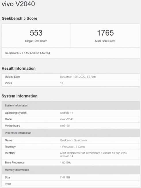 gsmarena 001 15 Vivo V20(2021) popped up on GeekBench database, reveals key specifications