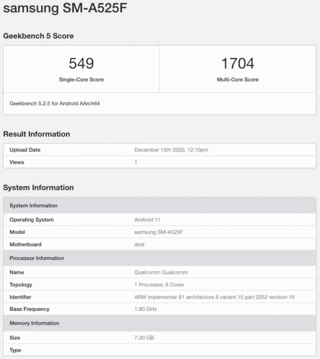 gsmarena 001 8 Samsung Galaxy A52 4G comes with Snapdragon 720 SoC- Spotted on GeekBench