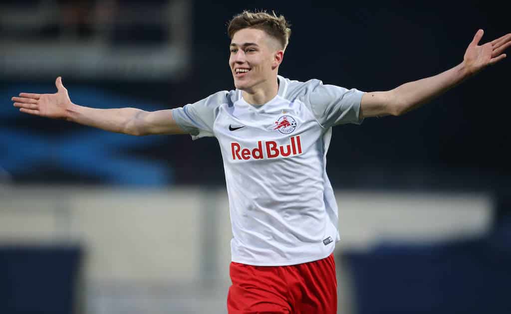 SOCCER - YL, RBS vs Derby GROEDIG,AUSTRIA,04.MAR.20 - SOCCER - UEFA Youth League, round of 16, Red Bull Salzburg vs Derby County. Image shows the rejoicing of Luka Sucic RBS. PUBLICATIONxINxGERxHUNxONLY GEPAxpictures/xMathiasxMandl