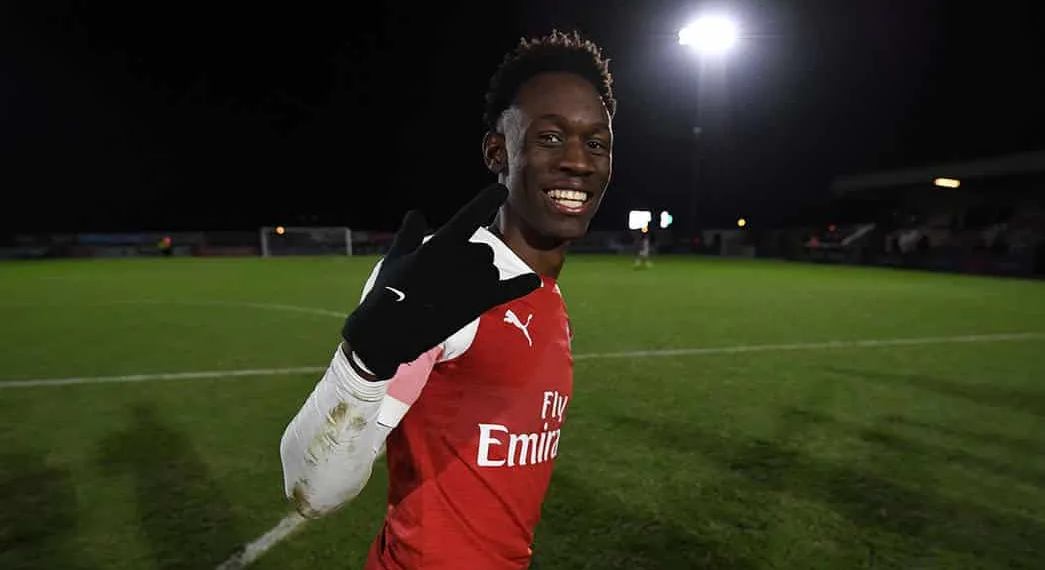 BOREHAMWOOD, ENGLAND - JANUARY 18:  Flo Balogun of Arsenal celebrates  after the match between Arsenal U18 and Tottenham Hotspur U18 in the FA Youth Cup 4th Round at Meadow Park on January 17, 2019 in Borehamwood, England.  (Photo by David Price/Arsenal FC via Getty Images)