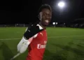 BOREHAMWOOD, ENGLAND - JANUARY 18:  Flo Balogun of Arsenal celebrates  after the match between Arsenal U18 and Tottenham Hotspur U18 in the FA Youth Cup 4th Round at Meadow Park on January 17, 2019 in Borehamwood, England.  (Photo by David Price/Arsenal FC via Getty Images)