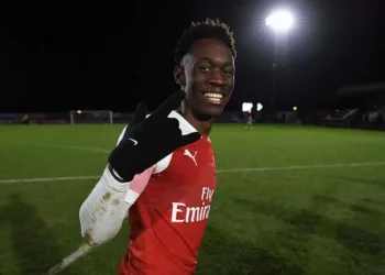 BOREHAMWOOD, ENGLAND - JANUARY 18:  Flo Balogun of Arsenal celebrates  after the match between Arsenal U18 and Tottenham Hotspur U18 in the FA Youth Cup 4th Round at Meadow Park on January 17, 2019 in Borehamwood, England.  (Photo by David Price/Arsenal FC via Getty Images)