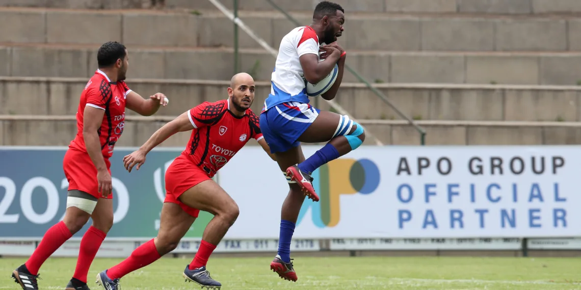 Muharua Katjyeko of Namibia challenged by Bilal Soken of Tunisia during the 2019 Rugby Africa Mens 7s match between Tunisia and Namibia at the Bosman Stadium, Brakpan on the 08 November 2019 ©Muzi Ntombela/BackpagePix
