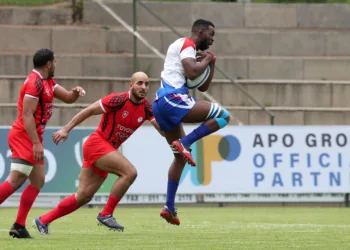 Muharua Katjyeko of Namibia challenged by Bilal Soken of Tunisia during the 2019 Rugby Africa Mens 7s match between Tunisia and Namibia at the Bosman Stadium, Brakpan on the 08 November 2019 ©Muzi Ntombela/BackpagePix