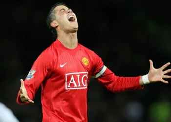 Manchester United's Cristiano Ronaldo celebrates scoring his second goal during the Barclsy Premier League match at Old Trafford, Manchester. PRESS ASSOCIATION. Picture date: Wednesday March 19, 2008. Photo credit should read: Martin Rickett/PA Wire. RESTRICTIONS: Use subject to restrictions. Editorial print use only except with prior written approval. New media use requires licence from Football DataCo Ltd. Call +44 (0)1158 447447 or see www.pressassociation.com/images/restrictions/ for full restrictions and further information