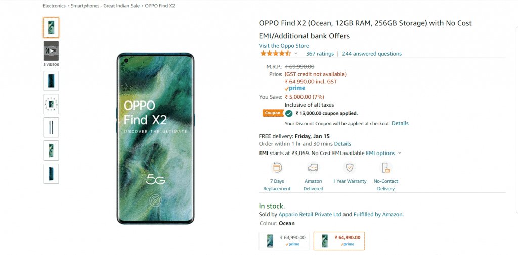 Get ₹ 13,000 off when you buy OPPO Find X2 on Amazon India