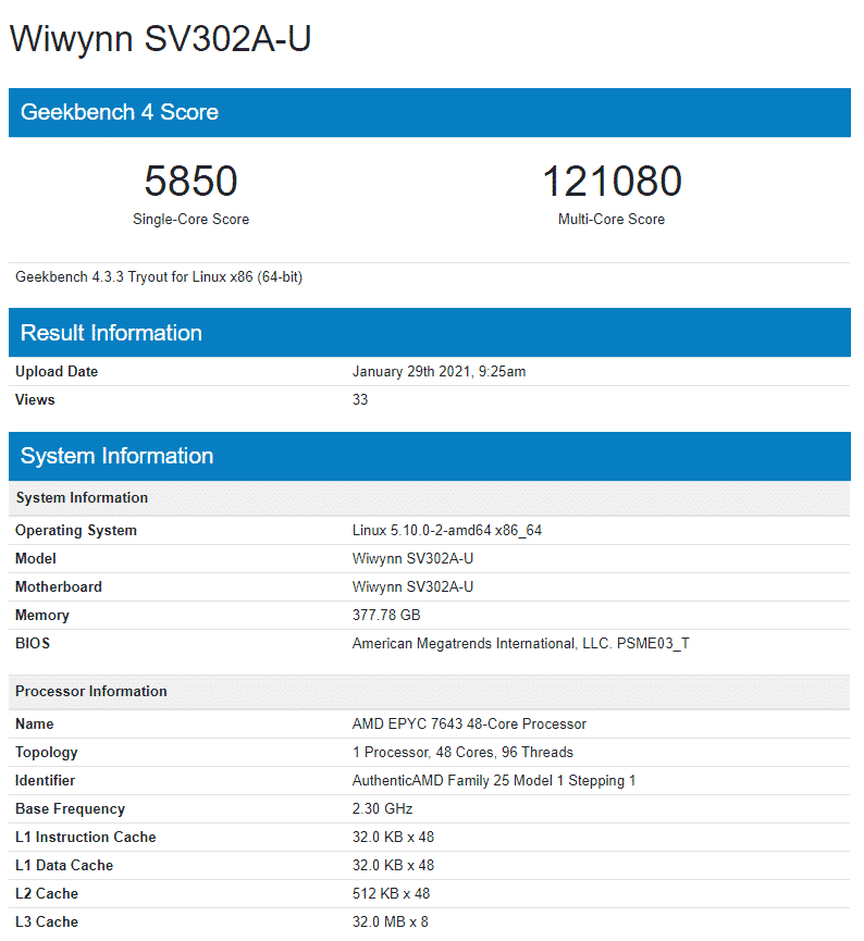 Screenshot 736 AMD EPYC 7643 & EPYC 7513 Milan CPUs leaked on Geekbench