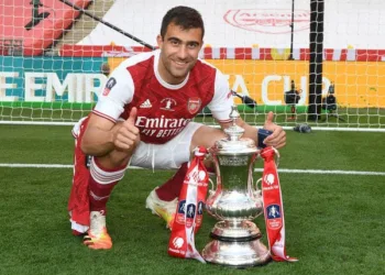 LONDON, ENGLAND - AUGUST 01: Arsenal's Sokratis celebrates after the FA Cup Final match between Arsenal and Chelsea at Wembley Stadium on August 01, 2020 in London, England. Football Stadiums around Europe remain empty due to the Coronavirus Pandemic as Government social distancing laws prohibit fans inside venues resulting in all fixtures being played behind closed doors. (Photo by Stuart MacFarlane/Arsenal FC via Getty Images)