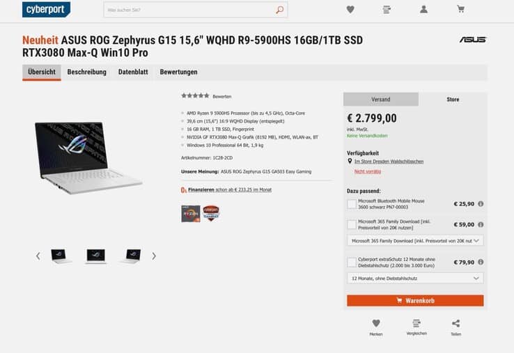 csm G156696 854488218a ASUS ROG Zephyrus G15 is priced at €2,799 as revealed by Cyberport