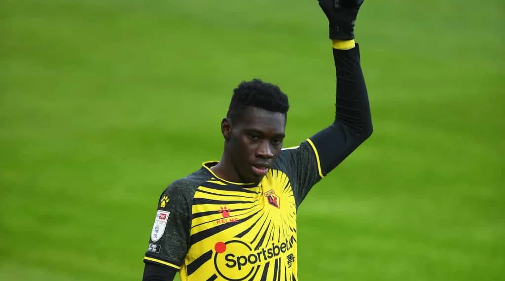 SWANSEA, WALES - JANUARY 02: Ismaila Sarr of Watford during the Sky Bet Championship match between Swansea City and Watford at Liberty Stadium on January 02, 2021 in Swansea, Wales. The match will be played without fans, behind closed doors as a Covid-19 precaution. (Photo by Harry Trump/Getty Images)