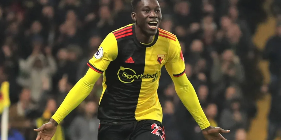 WATFORD, ENGLAND - DECEMBER 28: Ismaila Sarr of Watford celebrates after scoring his sides third goal during the Premier League match between Watford FC and Aston Villa at Vicarage Road on December 28, 2019 in Watford, United Kingdom. (Photo by Catherine Ivill/Getty Images)