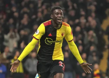 WATFORD, ENGLAND - DECEMBER 28: Ismaila Sarr of Watford celebrates after scoring his sides third goal during the Premier League match between Watford FC and Aston Villa at Vicarage Road on December 28, 2019 in Watford, United Kingdom. (Photo by Catherine Ivill/Getty Images)