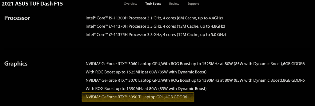 ASUS confirms the GeForce RTX 3050 Ti as it is likely to feature on the new TUF Dash F15 laptop
