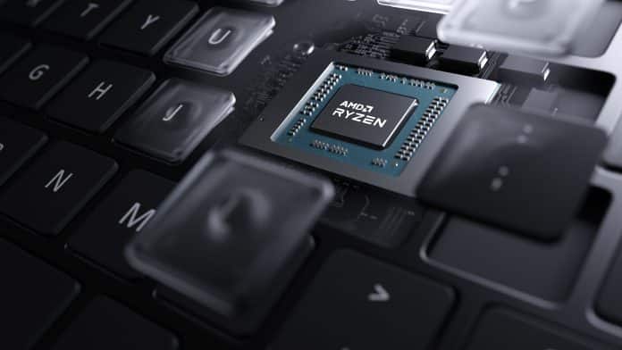 Stylized render of AMD Ryzen Mobile Processor inside a laptop AMD Ryzen PRO 5000 series mobile processors launched