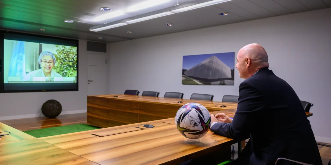 ZURICH, SWITZERLAND - MARCH 08:  FIFA President Gianni Infantino Conference Call with United Nations Deputy Secretary-General Amina J. Mohammed at the FIFA, the House of Football on March 8, 2021 in Zurich, Switzerland. (Photo by Harold Cunningham/FIFA)