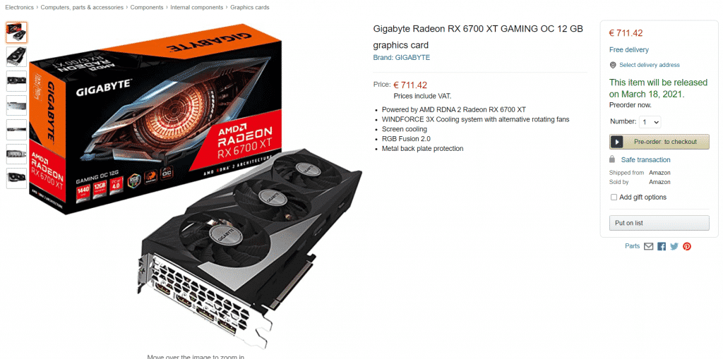 Gigabyte Radeon RX 6700 XT Gaming OC 12 GB Graphics Card Pre Order Amazon