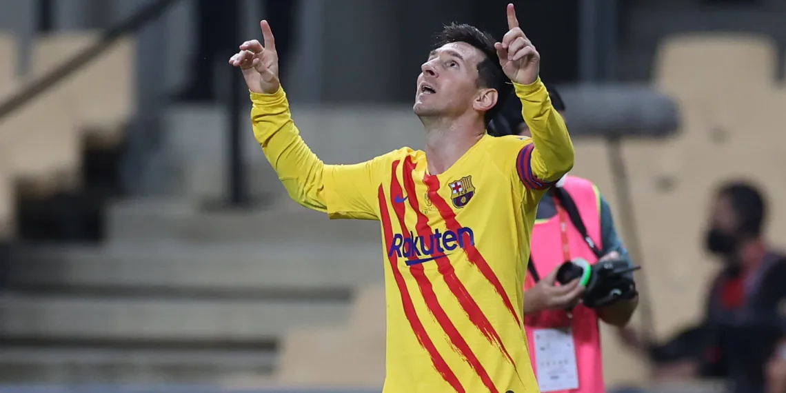 April 17, 2021, Sevilla, Spain: Lionel Messi of FC Barcelona, Barca celebrate a goal during the Copa Del Rey Final match between Athletic Club and FC Barcelona at Estadio de La Cartuja in Sevilla, Spain. .Sporting stadiums around Spain remain under strict restrictions due to the Coronavirus Pandemic as Government social distancing laws prohibit fans inside venues resulting in games being played behind closed doors. Sevilla Spain - ZUMAd159 20210417_zia_d159_086 Copyright: xJosexLuisxContrerasx