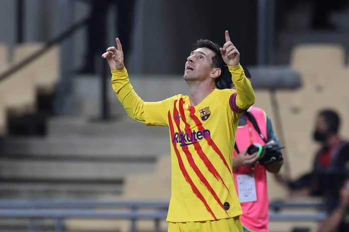 April 17, 2021, Sevilla, Spain: Lionel Messi of FC Barcelona, Barca celebrate a goal during the Copa Del Rey Final match