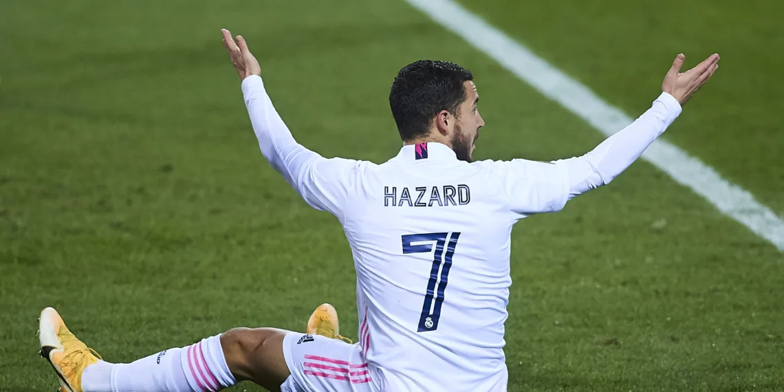 MALAGA, SPAIN - JANUARY 14: Eden Hazard of Real Madrid reacts during the Supercopa de Espana Semi Final match between Real Madrid and Athletic Club at Estadio La Rosaleda on January 14, 2021 in Malaga, Spain. (Photo by Fran Santiago/Getty Images)