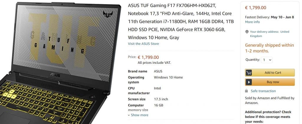 Upcoming ASUS TUF Gaming F17 with Intel Core i7-11800H & RTX 3060 spotted for 1799 EUR