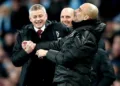 Manchester United manager Ole Gunnar Solskjaer (left) and Manchester City manager Pep Guardiola (right) enjoy a laugh on the touchline during the Premier League match at the Etihad Stadium, Manchester. PA Photo. Picture date: Saturday December 7, 2019. See PA story SOCCER Man City. Photo credit should read: Martin Rickett/PA Wire. RESTRICTIONS: EDITORIAL USE ONLY No use with unauthorised audio, video, data, fixture lists, club/league logos or "live" services. Online in-match use limited to 120 images, no video emulation. No use in betting, games or single club/league/player publications.