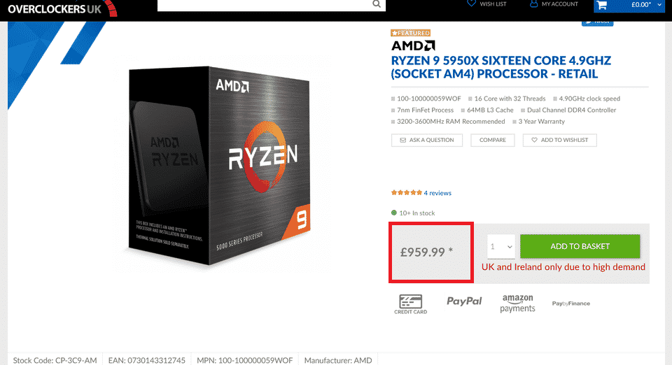 Overclockers Ryzen 9 5950X AMD’s Ryzen 9 5950X has its prices higher than the Burj