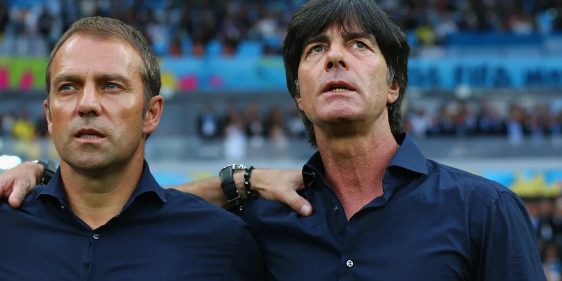 BELO HORIZONTE, BRAZIL - JULY 08: Assistant coach Hansi Flick (L) and head coach Joachim Loew of Germany look on prior to the 2014 FIFA World Cup Brazil Semi Final match between Brazil and Germany at Estadio Mineirao on July 8, 2014 in Belo Horizonte, Brazil. (Photo by Martin Rose/Getty Images)