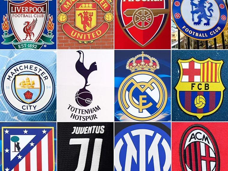 TOPSHOT - (COMBO) This combination of file pictures made on April 19, 2021, shows the logos of the following European football clubs: (top, L-R) Liverpool on May 30, 2019 in Madrid; Manchester United on July 5, 2013 in Manchester; Arsenal on March 2, 2019 in London; Chelsea on March 13, 2020 in London; (middle, L-R) Manchester City on April 10, 2021 in Manchester; Tottenham Hotspur on March 2, 2019 in London; Real Madrid on May 20, 2014 in Lisbon; Barcelona on September 28, 2016 in Moenchengladbach; (bottom, L-R) Atletico Madrid on May 20, 2014 in Lisbon; Juventus on May 26, 2019 in Genoa; Inter Milan on April 7, 2021 in Milan; and AC Milan on September 10, 2006 in Milan. - Plans for a breakaway Super League announced by twelve of European football's most powerful clubs plunged European football into an unprecedented crisis on April 19, 2021, with threats of legal action and possible bans for players, as the UEFA president called it a "spit in the face" for supporters. Six Premier League teams -- Liverpool, Manchester United, Arsenal, Chelsea, Manchester City and Tottenham Hotspur -- joined forces with Spanish giants Real Madrid, Barcelona and Atletico Madrid and Italian trio Juventus, Inter Milan and AC Milan to launch the planned competition. (Photo by AFP) (Photo by PIERRE-PHILIPPE MARCOU,PAUL ELLIS,DANIEL LEAL-OLIVAS,ISABEL INFANTES,TIM KEETON,JOSE MANUEL RIBEIRO,ODD ANDERSEN,MARCO BERTORELLO,ISABELLA BONOTTO,PACO SERINELLI/AFP via Getty Images)