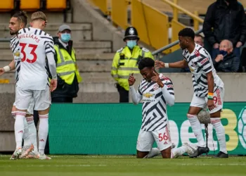 23rd May 2021 Molineux Stadium, Wolverhampton, West Midlands, England English Premier League Football, Wolverhampton Wanderers versus Manchester United, ManU Anthony Elanga of Manchester United celebrates scoring a goal in the 13th minute for a 1-0 lead PUBLICATIONxNOTxINxUK ActionPlus12290873 StevexFeeney