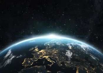 Planet earth from the space at night . 3d render, textures furnished from https://visibleearth.nasa.gov/images/144875/earth-at-night-black-marble-2012-color-maps-v2