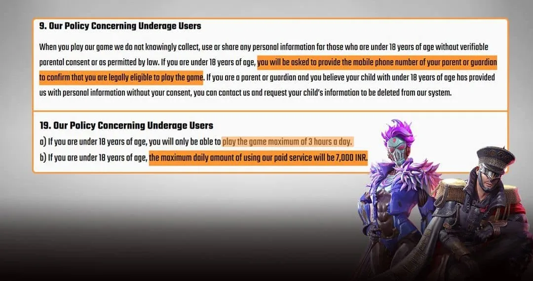 What are the Privacy and Terms changes made by Battlegrounds Mobile India X KRAFTON for Below 18 players in India?