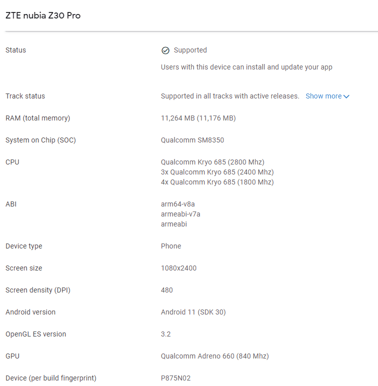 GC Nubia Z30 Pro spotted on Google Play Console and TENNA