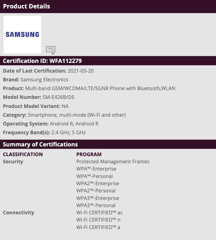 Samsung Galaxy F42 5G SM E426B DS Wi Fi Alliance Samsung Galaxy F42 5G spotted in WiFi Alliance website