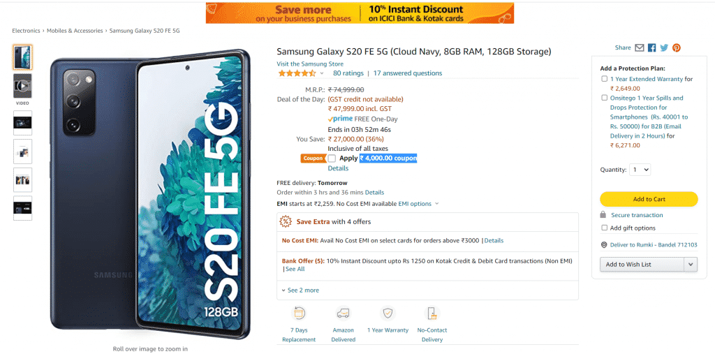 Deal: Get the Samsung Galaxy S20 FE 5G for just ₹ 43,999 today