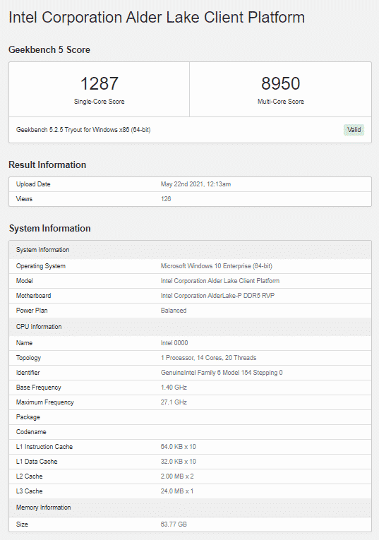Multiple Geekbench listings of a 14-core Intel Alder Lake CPU spotted