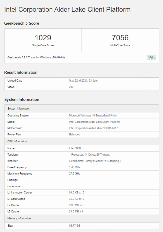Multiple Geekbench listings of a 14-core Intel Alder Lake CPU spotted