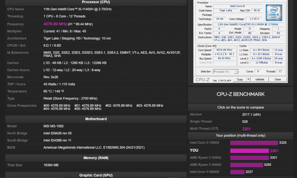 New hexa-core Intel Core i5-11400H cannot beat AMD Ryzen 5 5600H in CPU-Z