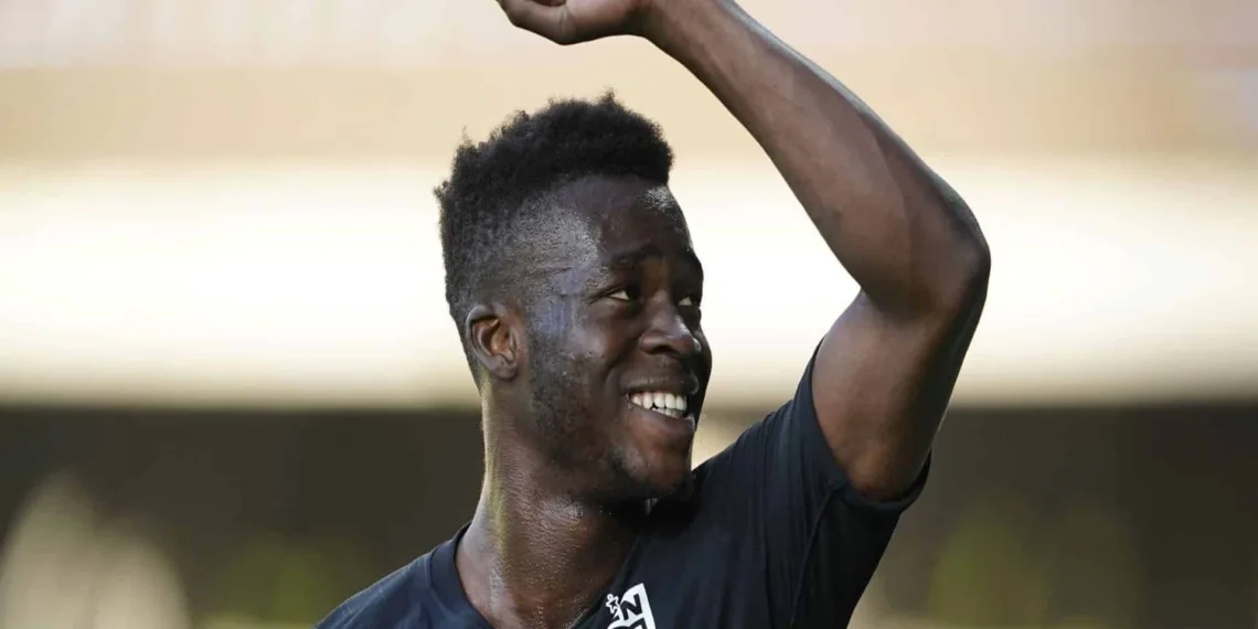 SILKEBORG, DENMARK - MAY 29: Kamaldeen Sulemana of FC Nordsjalland celebrates during the Danish 3F Superliga match between Silkeborg IF and FC Nordsjalland at JYSK Park on May 29, 2020 in Silkeborg, Denmark. (Photo by Lars Ronbog / FrontZoneSport via Getty Images)