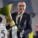 TURIN, ITALY - AUGUST 01: Juventus FC head coach, Maurizio Sarri, celebrates with the trophy after the Serie A match between Juventus and  AS Roma at Allianz Stadium on August 1, 2020 in Turin, Italy.  (Photo by Valerio Pennicino/Getty Images)