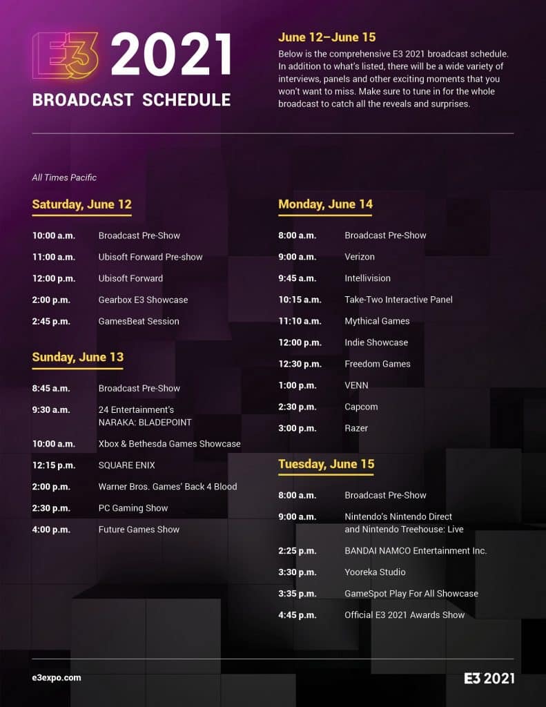 E3 2021 Schedule Infographic E3 Has Come Up With The Complete Schedule of This Week